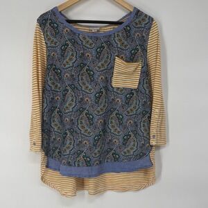 Postmark Anthropologie Mixed Media Paisley Striped High Low Top Blue Mustard L